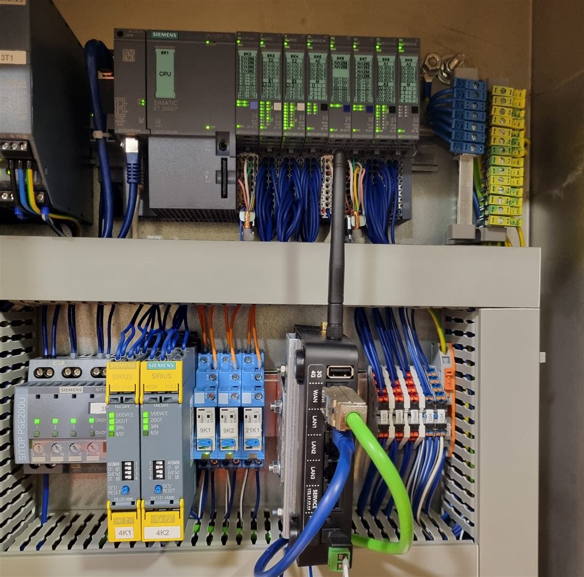 Siemens PLC and safety modules inside an industrial control cabinet